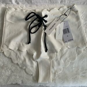 MARYSIA NWT! Women’s Bikini Swim Bottom White Raw Scalloped Black Lace Up SIZE S
